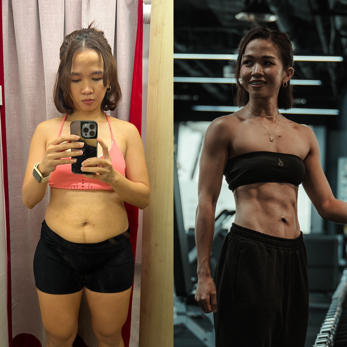 Side-by-side photographs of Patricia, postpartum on the left and after returning to training on the right.
